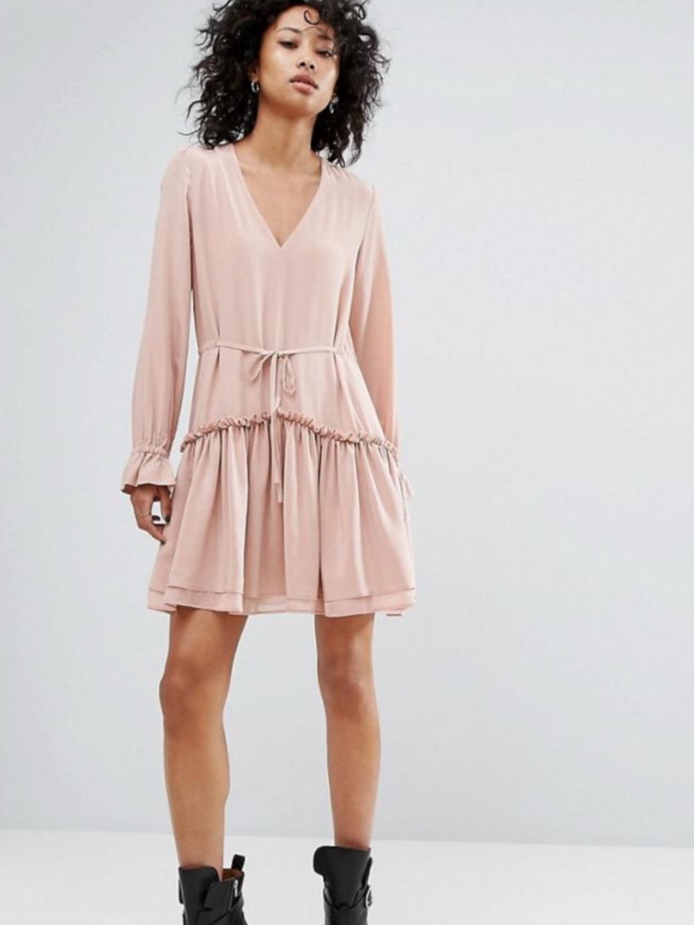 All Saints Alia ruffle skirt dress nude pink mini dress tie waist